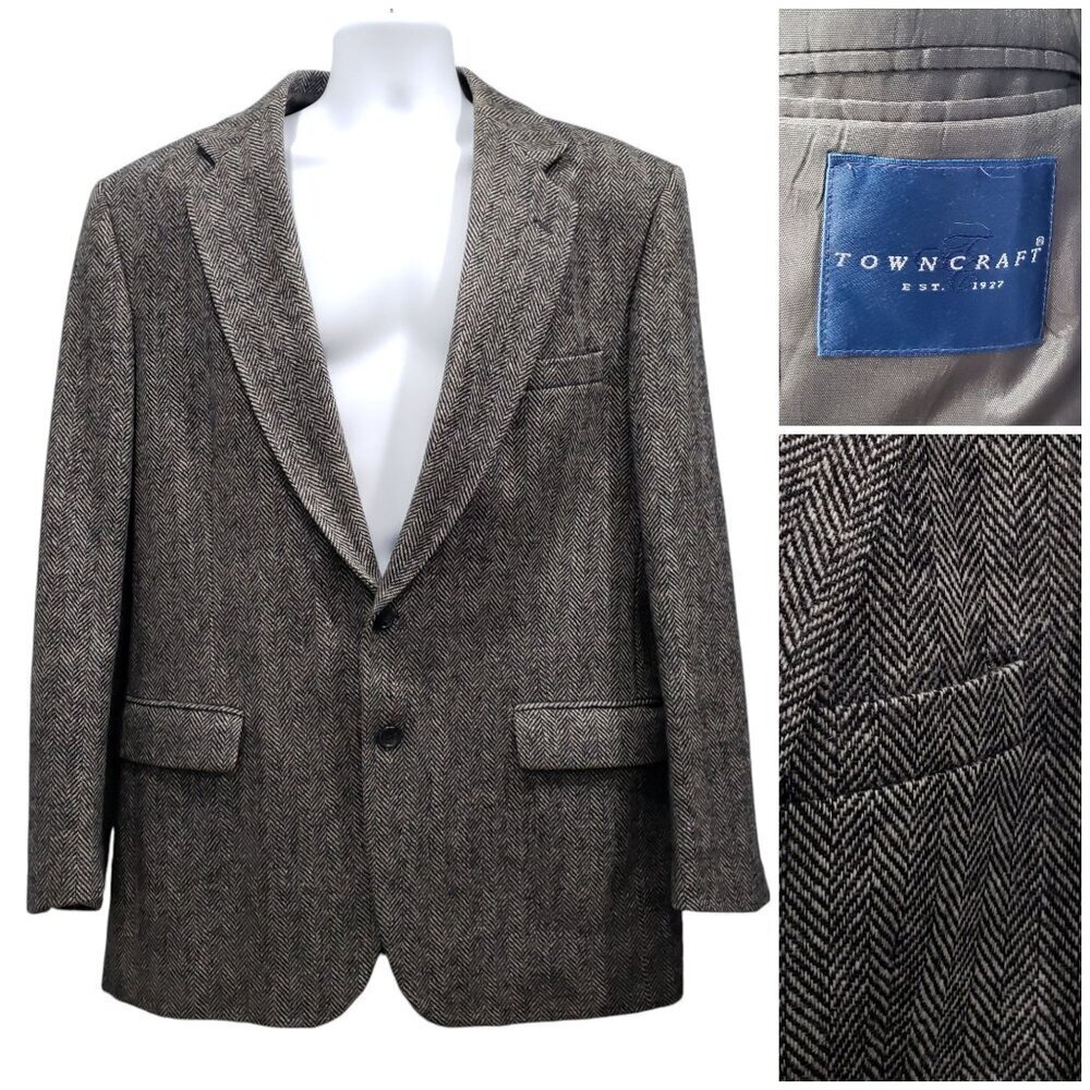 VTG 90s Towncraft 44L Wool Tweed Blazer Sport Suit Coat Herringbone Gray/Black